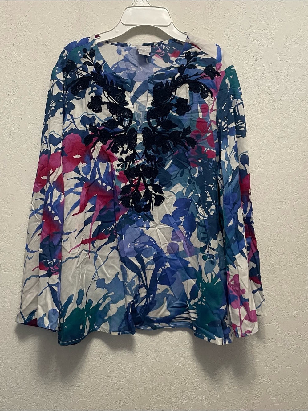 Chico's L Tunic Blouse Blue Pink Watercolor Embroidered Boho Resort Coastal